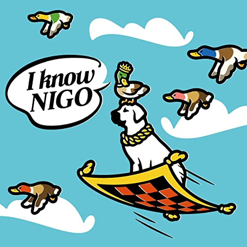 A white dog wearing a gold chain on a flying carpet with ducks above.