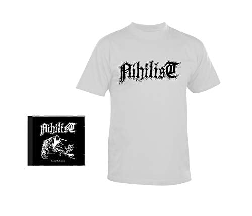CD case and white t-shirt with “Nihilist” logo displayed.