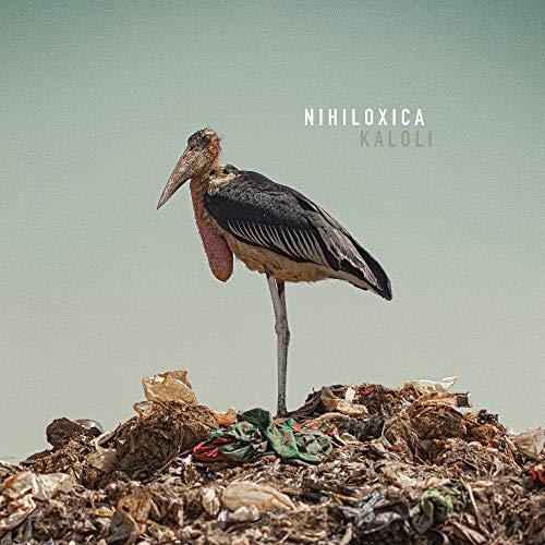 A marabou stork stands on a large pile of trash against a pale sky.