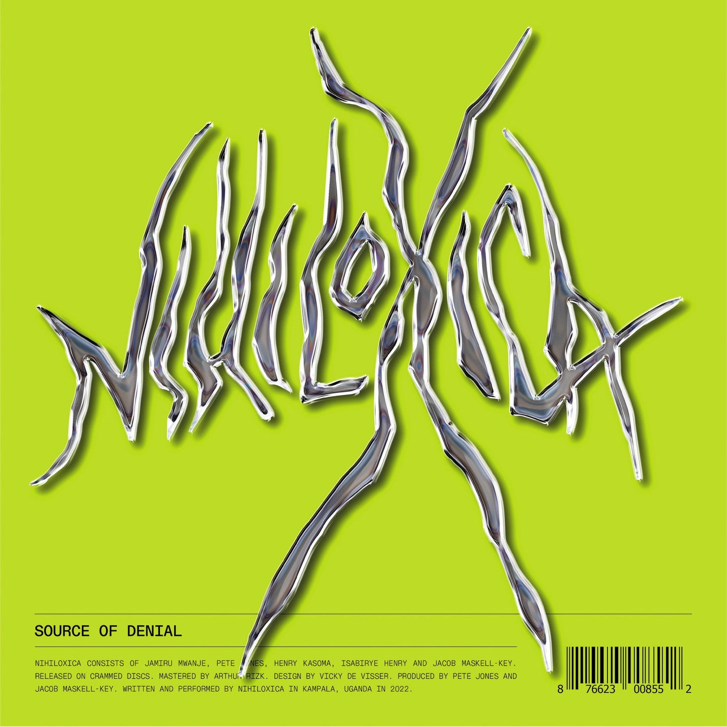 Bright green album cover with metallic, spiky “Nihiloxica” text and barcode.