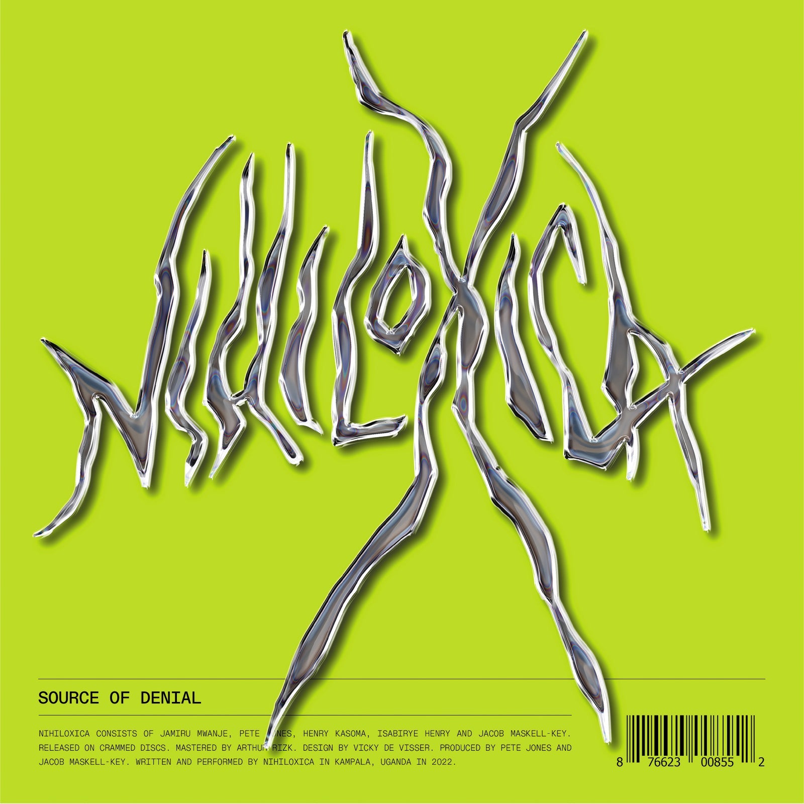 Bright green album cover with metallic, spiky “Nihiloxica” text and barcode.