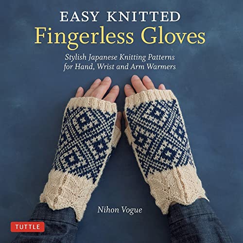 Book cover featuring hands modeling blue and beige knitted fingerless gloves.