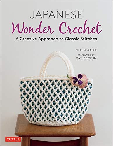 Book cover featuring a crocheted white and teal lattice bag on a wooden stool.