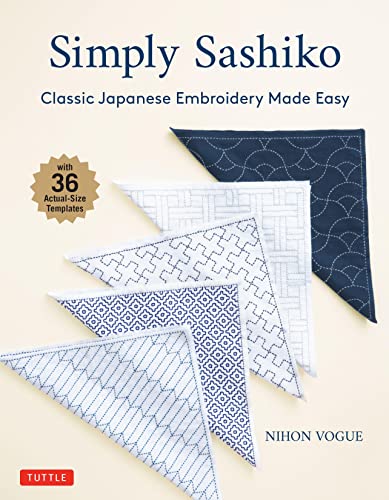 Book cover titled Simply Sashiko showing five folded fabric squares with various white embroidery patterns.