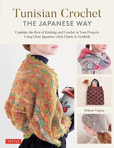BookS Book cover featuring Tunisian crochet projects including a colorful shawl, bag, and hat.