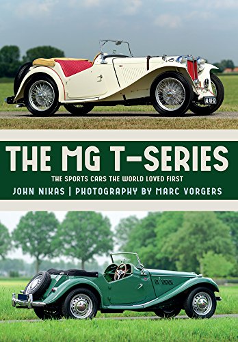 Vintage MG T-Series sports cars in green and white with red seats outdoors.