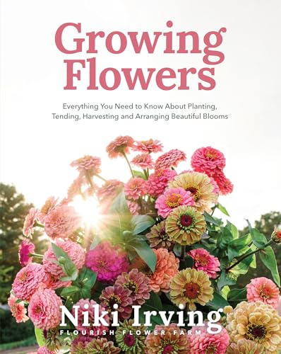 Book cover with vibrant pink and orange zinnias, title "Growing Flowers.