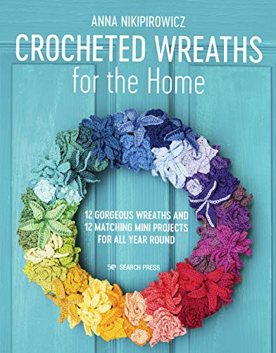 Book cover featuring a colorful crocheted wreath on a blue wooden background.