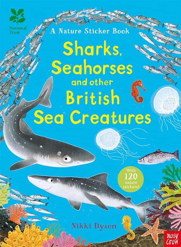 Book cover featuring sharks, seahorses, jellyfish, and fish on a bright blue background.