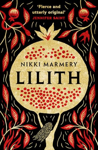 Book cover featuring a large gold pomegranate, red leaves, and a snake on black.