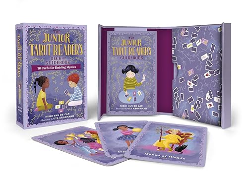 Tarot card deck and guidebook set in a lavender box, with sample cards.