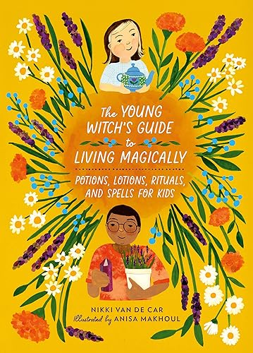 Book cover with floral wreath, two children, and title: "The Young Witch’s Guide.