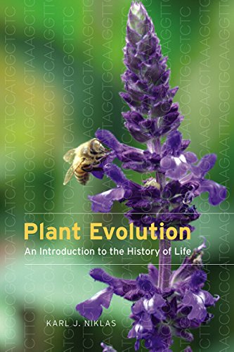 Book cover: purple flower with bee, text “Plant Evolution” visible.