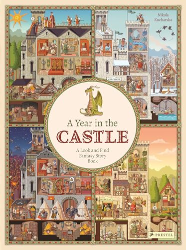 Detailed castle illustration with hidden scenes and a green dragon.