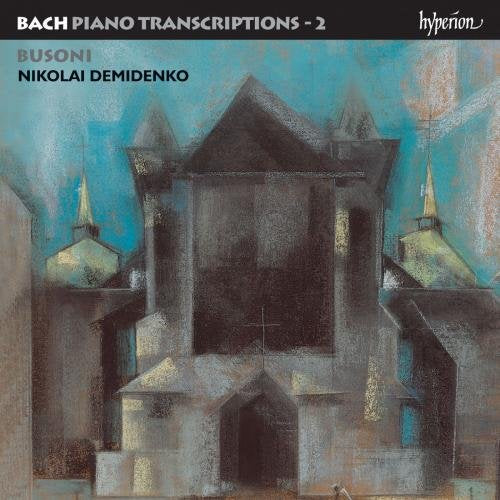 "CD cover with abstract church painting and text: Bach Piano Transcriptions, Busoni, Nikolai Demidenko."