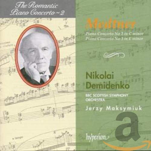 CD cover featuring a portrait, musical notes, and text about Medtner's Piano Concertos.
