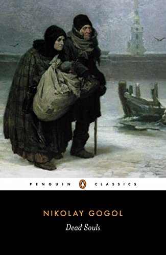 Book cover: two figures with a bundle, snowy landscape, and text “Dead Souls”.