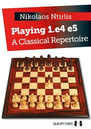 Book cover titled Playing 1.e4 e5 featuring a wooden chessboard with pieces in position.