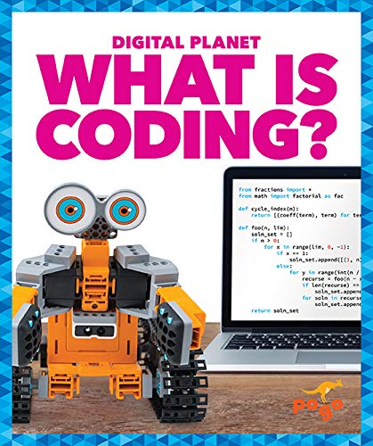 Book cover: "What Is Coding?" featuring a robot and laptop screen.