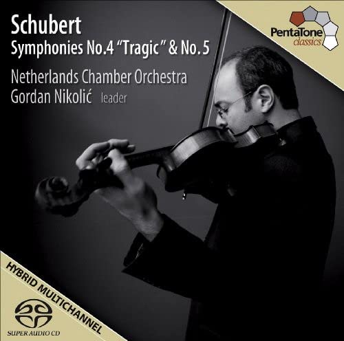 CD cover featuring violinist Gordan Nikolić and text “Schubert Symphonies No.4 & No.5”.