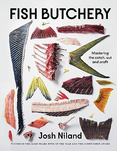 Book cover titled Fish Butchery showing various raw fish cuts and bones on white.
