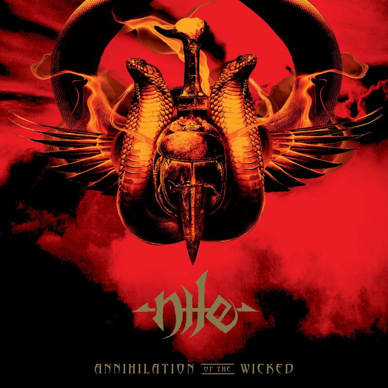 Album cover for Nile’s “Annihilation Of The Wicked” featuring a helmet with cobras.