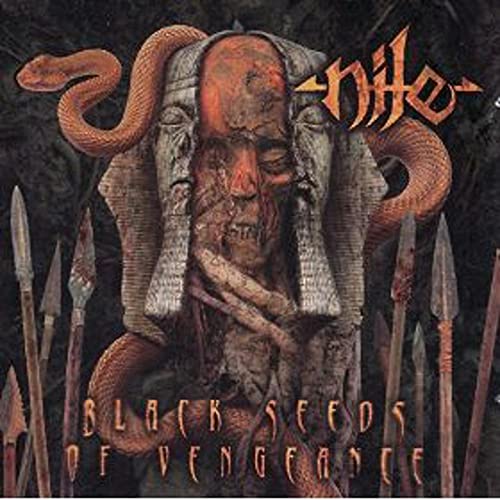 Nile album cover: ancient Egyptian figure with snakes and spears.