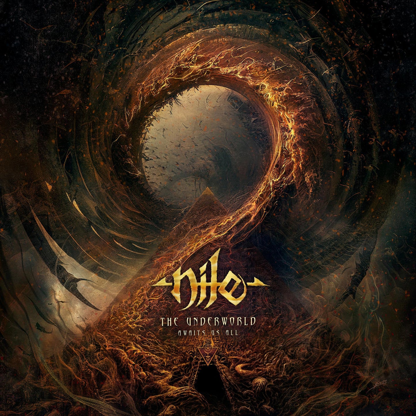 Dark artwork featuring a fiery vortex above a pyramid and the Nile band logo.