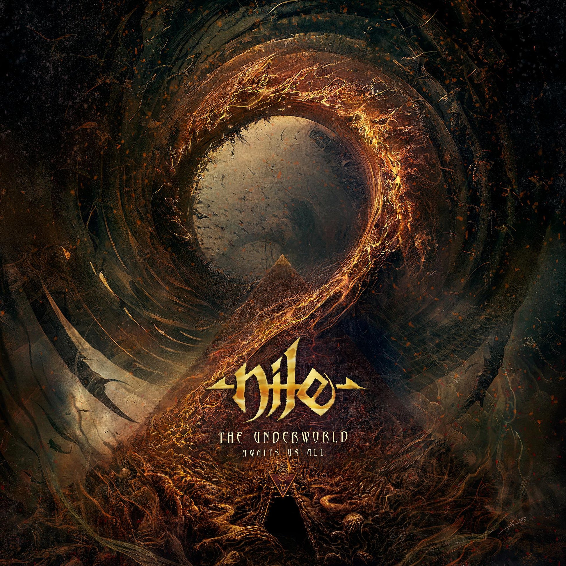 Dark artwork featuring a fiery vortex above a pyramid and the Nile band logo.