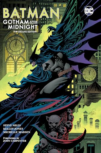 Batman in dynamic pose against a Gotham cityscape, comic book cover.