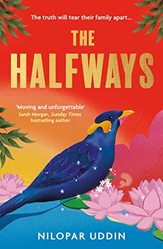 Book cover: "The Halfways" with a blue bird and pink flowers.