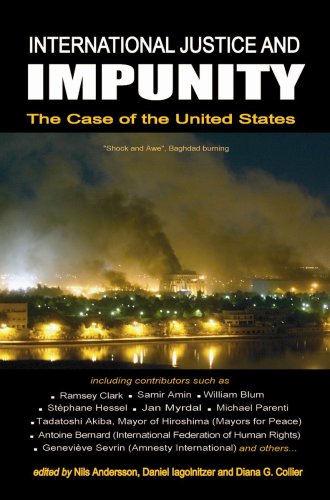 Book cover titled International Justice and Impunity showing a night scene of burning Baghdad.