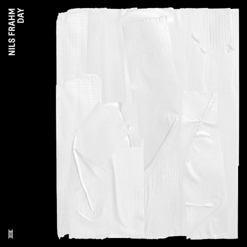 White abstract artwork on black background with text Nils Frahm Day in the corner.