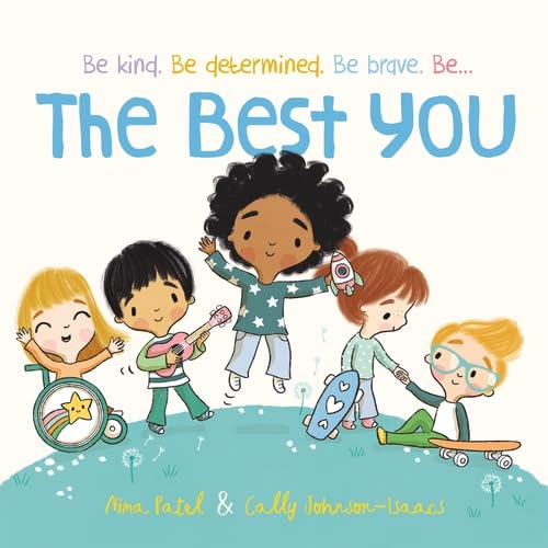 Five diverse children playing together on a grassy hill, book cover illustration.