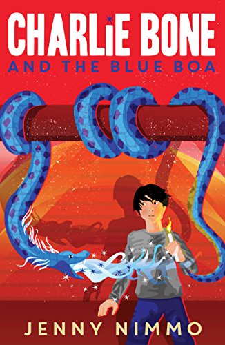 Book cover: boy with a lit candle, blue boa constrictor, red background.