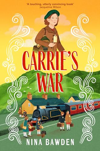 Book cover: girl with suitcase, train, and village scene in illustration.