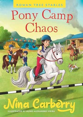 Book cover: girl on white horse with friends at pony camp.