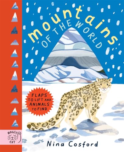 Children’s book cover depicting mountains, a snow leopard, and lift-the-flap text.