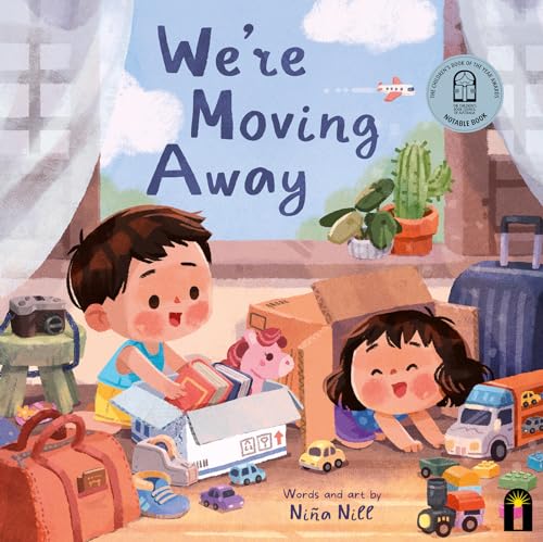 Children with boxes and toys, illustrated cover of “We’re Moving Away.”