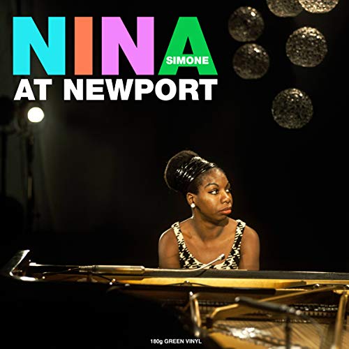 Nina Simone at the piano with colorful text overlay on a black background.