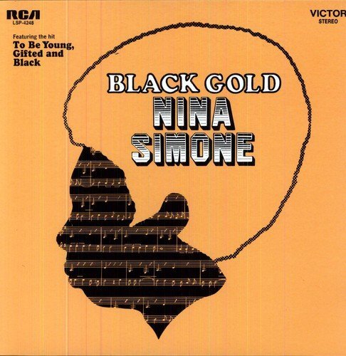 Nina Simone's "Black Gold" vinyl album cover featuring a silhouette against an orange background.
