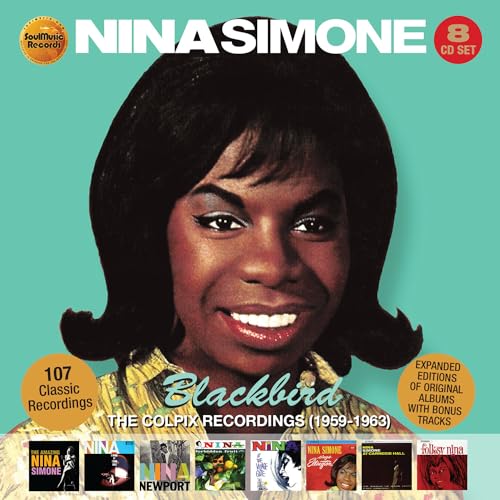 Nina Simone portrait on a turquoise background, 8CD clamshell box set.