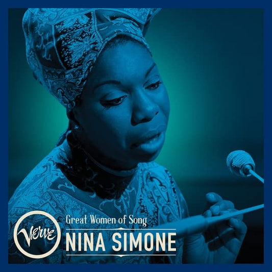 Nina Simone in blue tones, singing into a microphone, album cover.