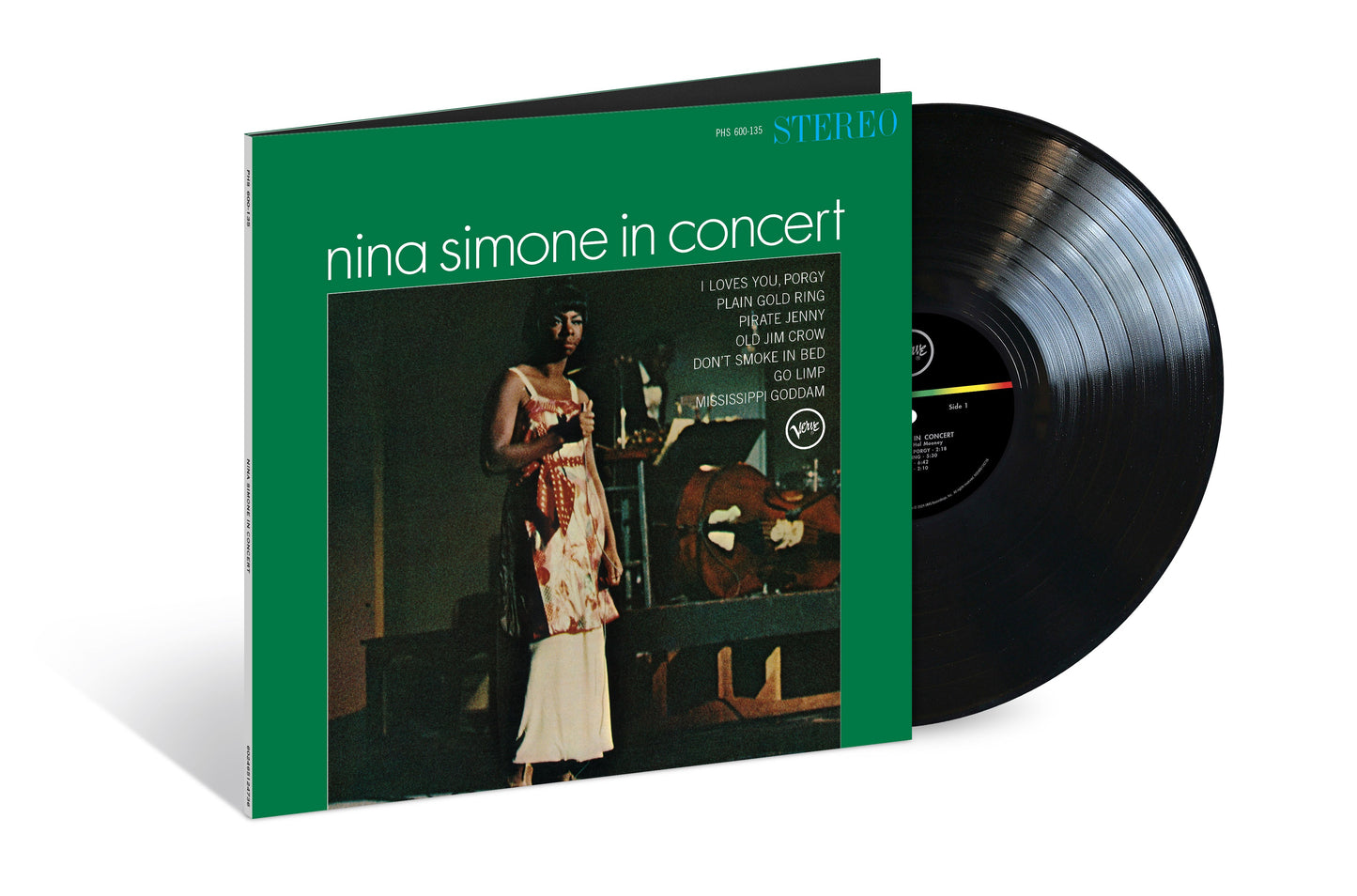 Nina Simone album cover with a vinyl record, green background, portrait.