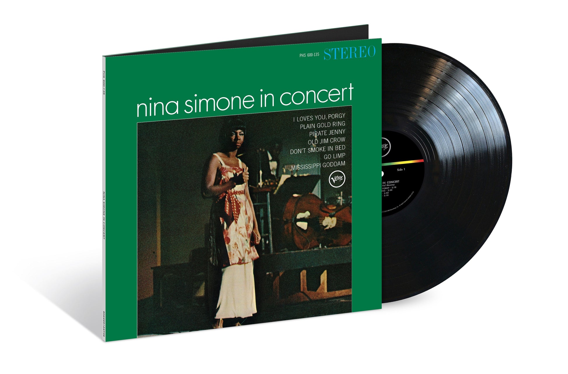 Nina Simone album cover with a vinyl record, green background, portrait.