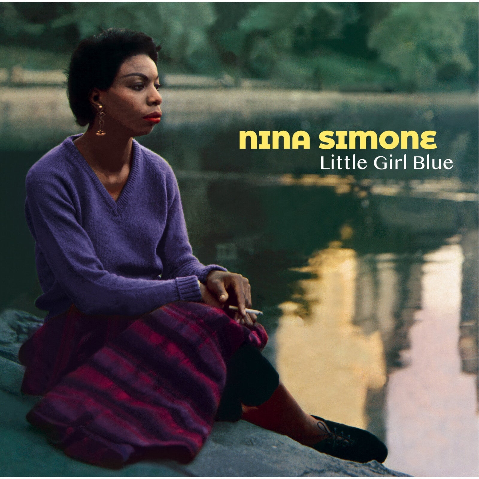 Nina Simone portrait on album cover, “Little Girl Blue,” lakeside setting.