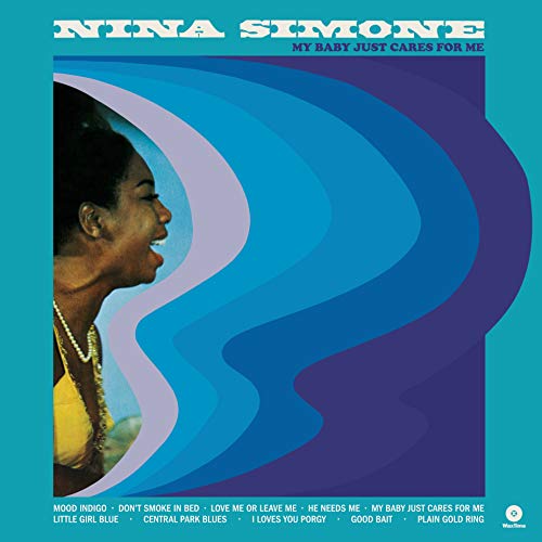 Nina Simone vinyl album cover with a profile portrait against blue wavy graphic lines.