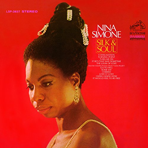 Nina Simone album cover, “Silk & Soul”, red background, profile portrait.