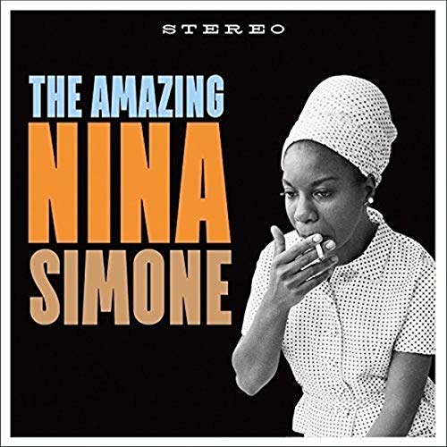 Nina Simone album cover, black background, orange title, portrait of singer.