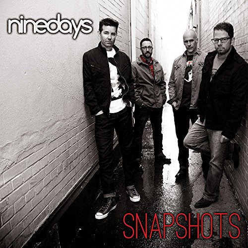 Black and white photo of the band Nine Days, album cover “Snapshots”.